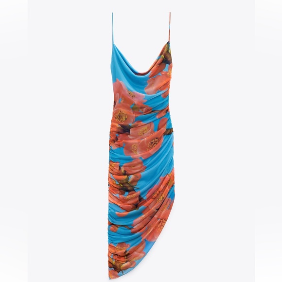 ZARA DRAPED PRINTED TULLE OPEN BACK DRESS SIZE M Blue/Red 5039/203 NWT - Picture 5 of 6